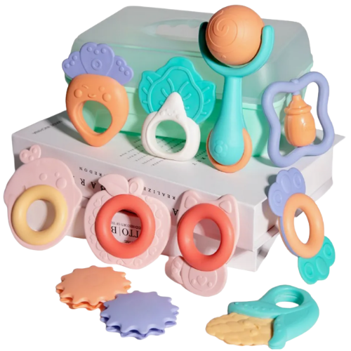 Set 10 piezas - Mordedores y sonajero para Bebé - Evango Bebes SV