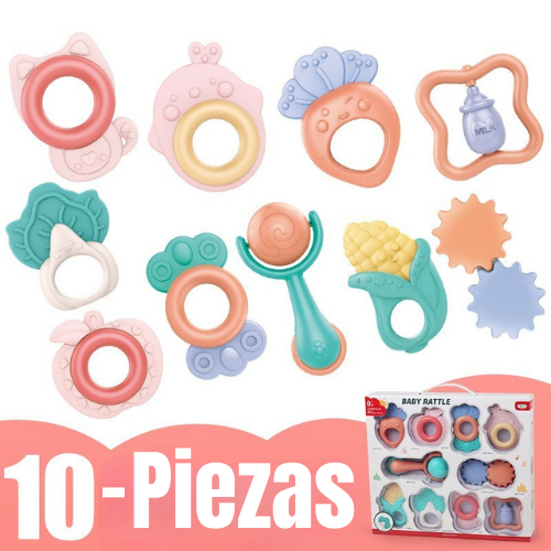 Set 10 piezas - Mordedores y sonajero para Bebé